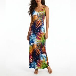 Sophie A Maxi Dress Slinky Sleeveless Tropical Print Pullover Stretch Medium